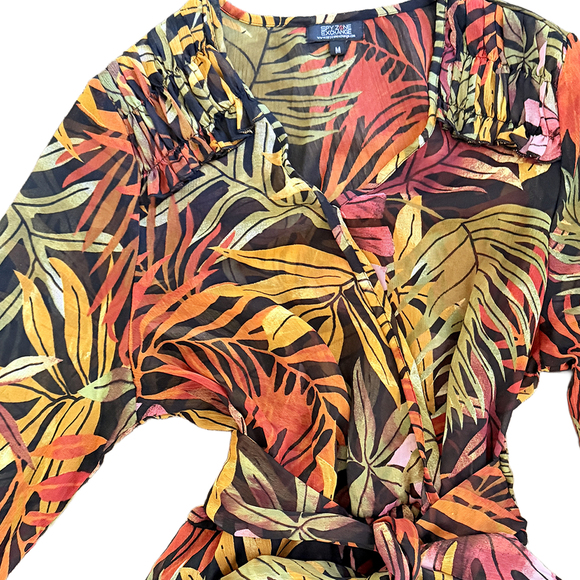 Sheer Tropical Leaf Print Long flutter Sleeve Wrap Maxi Dress autumn botanical - Picture 7 of 8